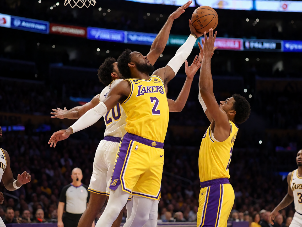 NBA常规赛湖人队比赛场景，球员激烈拼抢篮板